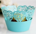 Sky blue heart laser-cut cupcake wrapper with elegant lace pattern for weddings - Tiffany Blue