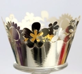 Macro view of laser-cut floral hollow cupcake wrapper with silver metallic finish - Reflective Silver / 5x5x8cm