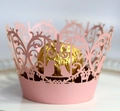Pink laser-cut lace cupcake wrapper with bird and floral pattern for wedding decor - Pink