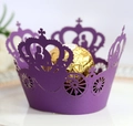 Purple laser-cut cupcake wrapper with elegant crown and wedding carriage design - Dark Purple