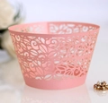 Pink laser-cut lace cupcake wrappers with elegant floral hollow patterns for desserts - Pink