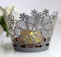 Silver laser-cut lace cupcake wrapper with intricate floral patterns and pearlescent finish - Silver Charcoal