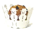Detail of laser-cut white snowman cupcake wrapper with intricate holiday patterns - Row of Snowmen Hollow Style (WB-219)