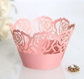 Pink laser-cut rose cupcake wrapper with decorative hollow lace pattern for baking - Pink