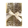 Laser-cut floral lace wedding invitation in gold finish with a cream satin bow - Reflective Gold