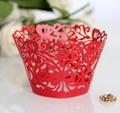 Elegant red laser-cut cupcake wrappers with intricate butterfly and floral patterns - Pearlescent Red
