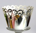 Detailed view of silver mirror cupcake wrapper with laser-cut heart pattern details - 5*5*8CM / Reflective Silver