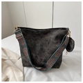Detail view of large tote bag with patterned jacquard strap and round coin purse - Black