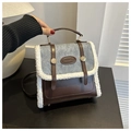 Zaino retrò patchwork in lana d'agnello pelle marrone e denim grigio con manico - caffè