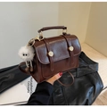Retro dark brown glossy leather small square handbag with a cute white plush pendant - With Charm / Coffee