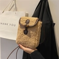 Chic plush crossbody bag in camel faux shearling with horn buckle and leather strap - Khaki