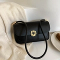 Bolso bandolera de cuero negro con cierre giratorio dorado en escalera blanca - Negro