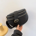 Black lychee texture waist bag with dual gold zippers and wide shoulder strap - Black