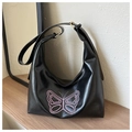 Bolso hobo de cuero suave negro con mariposa bordada rosa y hebilla dorada de moda - Negro