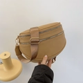 Camel crescent waist bag with double zippers and wide fabric strap in pebble grain leather - Khaki