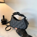 Black pebbled leather pleated shoulder bag with quilted checkered pattern and silver hardware - Black