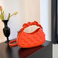 Orange lychee grain leather handbag with checkered embossing and ruched handle - Orange