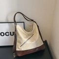 Bolso hobo retro crema y marrón con correa ajustable y bolsillo frontal de cremallera - Blanco Roto