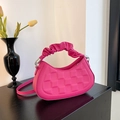 Fashionable rose red pleated half-moon crossbody bag with litchi texture finish - Rose Red