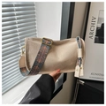 Detail of beige textured pillow bag with vintage geometric pattern wide shoulder strap - Off White