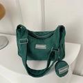Dunkelgrüne Cord-Schultertasche mit kleiner runder Geldbörse und verstellbarem Riemen - Dunkelgrün