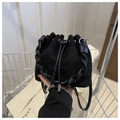 Retro black suede bucket bag featuring woven handle and drawstring closure detail - Black Without Pendant