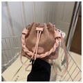 Pink suede bucket bag with woven handle and drawstring closure for women - Pink Without Pendant