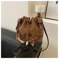 Vintage brown suede bucket bag with woven handle and drawstring closure - Coffee Without Pendant
