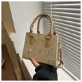 Beige woven straw square bag with flower embroidery and adjustable shoulder strap - Khaki