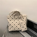 Bolso tote de pana beige con diseño de lazos negros y neceser pequeño a juego - Blanco Roto