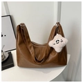 Brown faux leather tote bag with silver zipper and white star plush charm pendant - Brown with Pendant