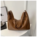 Minimalist large brown PU leather tote bag with wide shoulder strap in casual retro style - Brown Without Pendant
