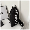 Detail of street style black chest bag with bold white TGSEUTO letter print and side zipper - Black