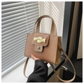 Detail van beige krokodillenpatroon en golvende gouden metalen sluiting op tas - Khaki