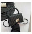 Black V-quilted small square bag with silver twist lock and top handle for women - Black