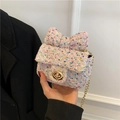 Borsa a tracolla in tweed rosa con decorazione a fiocco e catena dorata donna - Rosa