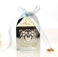 Silver laser cut heart candy box with light blue satin ribbon on white background - Reflective Silver