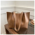 Close-up of brown PU leather tote bag with vertical reinforced stitching and long straps - Brown