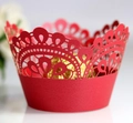 Elegant red laser-cut hollow lace cupcake wrapper with intricate floral patterns - Pearlescent Red