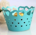 Macro detail of laser-cut heart pattern on blue wedding cupcake paper wrapper - 5cm / Turquoise Blue