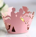 Pink laser cut cupcake wrappers with romantic silhouette design for wedding party decor - Pink