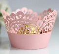 Pink laser-cut lace cupcake wrapper with crown edge design for baking decoration - Pink