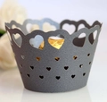 Macro detail of dark grey laser-cut cupcake wrapper with heart patterns and matte texture - 5cm / Silver Charcoal