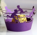 Purple laser cut cupcake wrapper with silhouette of children playing for party favors - Dark Purple