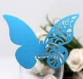 Detail of blue laser-cut butterfly cup card with intricate hollow wing design and slot - Sky Blue