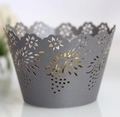 Detailed laser-cut vine and grape pattern on a dark grey cupcake wrapper decor - Silver Charcoal