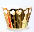 Detailed close-up of golden laser-cut cupcake wrappers with romantic heart patterns - 5cm / Reflective Gold