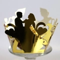 Golden laser-cut cupcake wrappers with couple silhouette and hearts for wedding decor - 5cm / Reflective Gold
