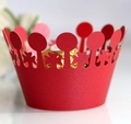 Red hollow-out paper cupcake wrapper with floral crown design for festive decoration - Pearlescent Red