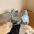 Sky blue pleated shoulder bag with unique bubble texture and floral charm accessory - White with Blue
